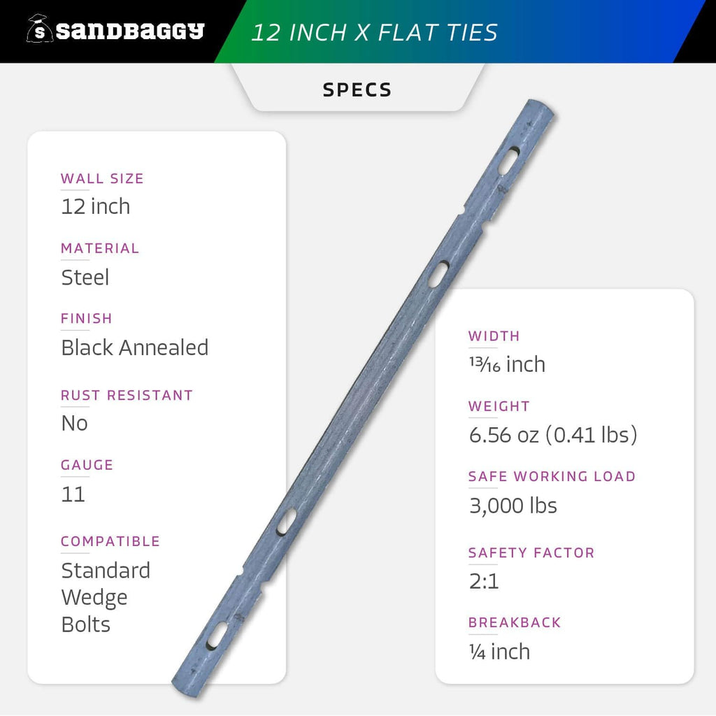 Sandbaggy 12" X Flat Ties for Concrete Forms - 11 Gauge Steel - Wall Ties Compatible with Standard Wedge Bolts - Space and Secure Modular Concrete Forms (12 inch Walls, 200, Count)