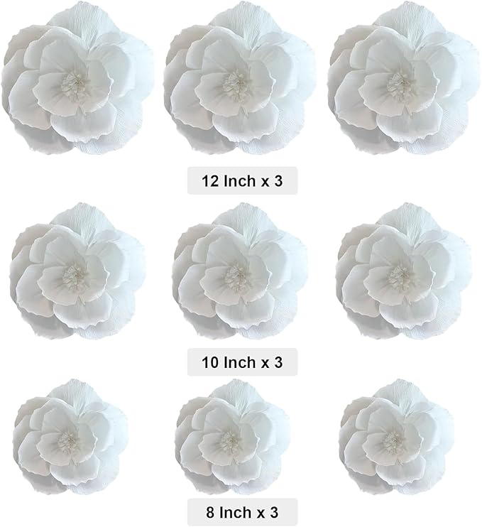 BRT Bearingshui Crepe Paper Flowers Decoration for Wall Total 9 Pcs, Artificial Flowers for Wedding Decor,Flower Backdrop Decor, Baby Bridal Shower Birthday Party, White 3D Wall Flowers Decor