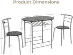 VINGLI 3 Piece Dining Set,Small Kitchen Table Set for 2,Breakfast Table Set,Kitchen Wooden Table and 2 Chairs for Small Space/Dining Room/Apartment,Metal Frame,Wine Rack,Sliver&Black