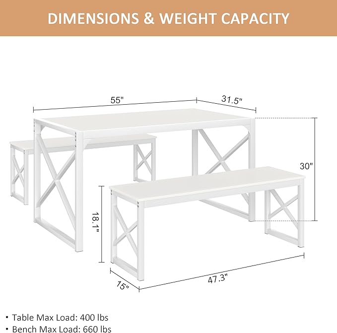 VECELO Kitchen Dining Table Set for 4 to 6, 55" Wood Dinette 2 Benches with Metal Frame for Dinner Breakfast Nook and Small Space, White