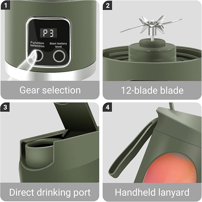 Portable Personal Electric USB Juicer，500ML Mini Blender Portable Blender For Shakes and Smoothies juice，12 Blades Great for Mixing，Compact、Convenient and Versatile (Green)