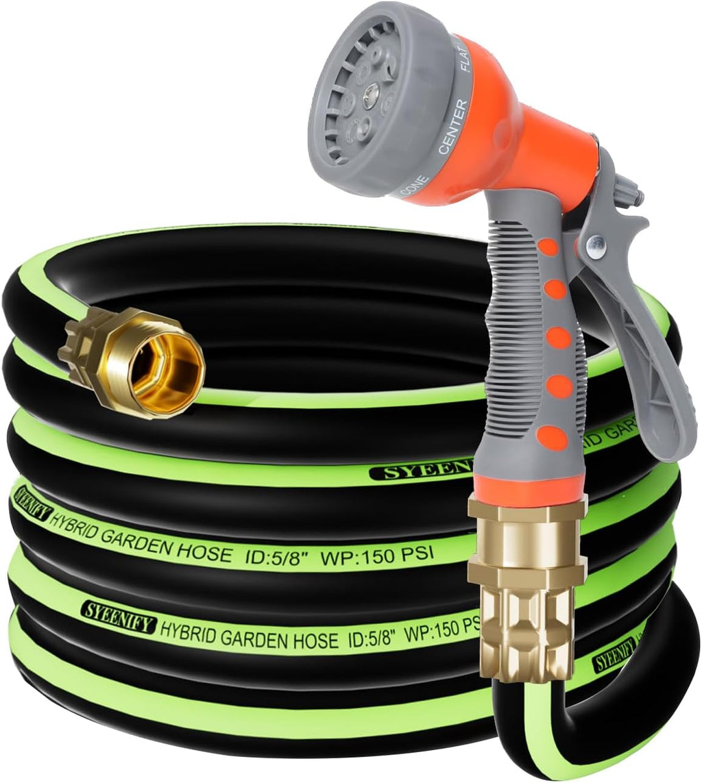 SYEENIFY Kink Free Garden Hose 25ft 5/8", Heavy Duty Hybrid Water Hose, Ultra Durable Flexible Rubber Hose with Sprayer Nozzle,Leakproof Yard Outdoor Hose with Brass Solid Connector
