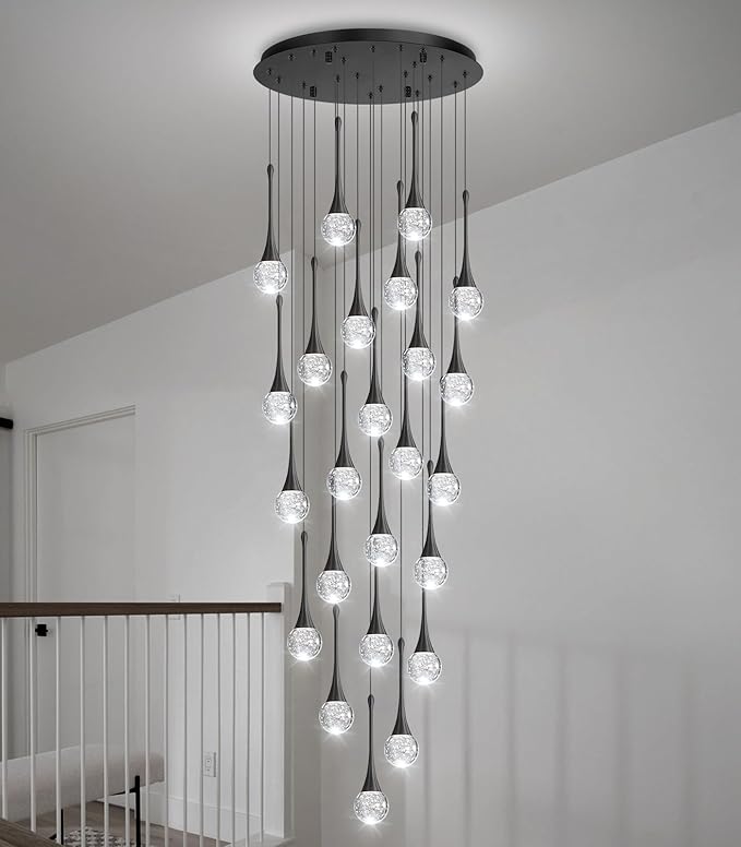 24 Light Modern Glam Crystal Chandelier for High Ceiling LED Dimmable Ceiling Pendant Light Staircase Foyer Enterway Living Room Chandelier Lighting Antique Black