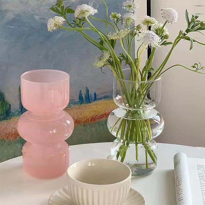 BLOFLO Pink Transparent Glass Hydroponic Vase, 7Inches Colored Glass Vase for Flower, Modern Geometric Three-Layer Floral Vases for Home Office Wedding Table Décor(Pink)