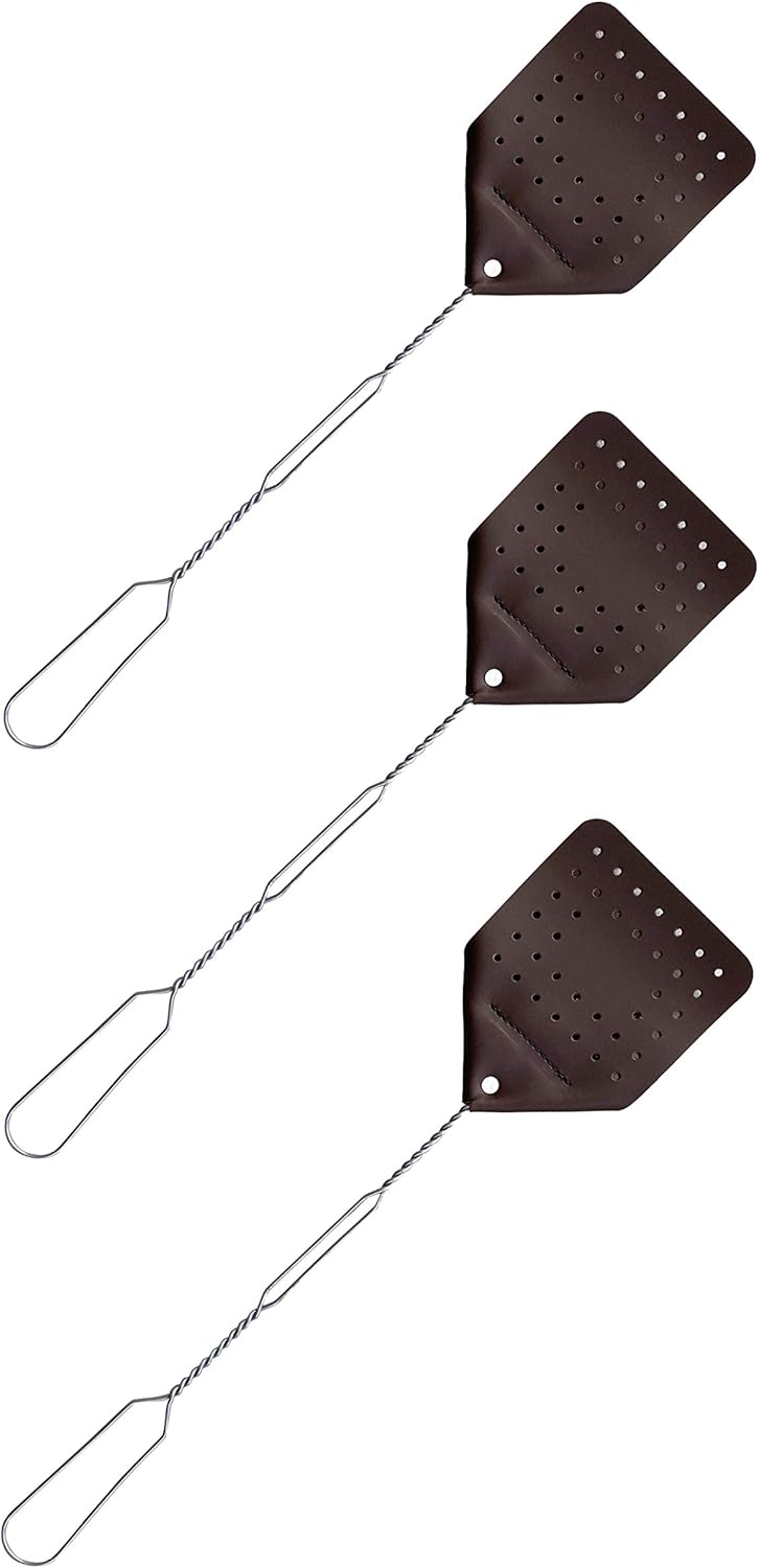 Leather Fly Swatter Set (3 Pack) – 17” Amish-Made Fly Swat w/Real Leather Paddle – Fly Swatters Multi Pack w/Metal Handle – Bug Swatter, Mosquito Swatter, Wasp Swatter (Chocolate)
