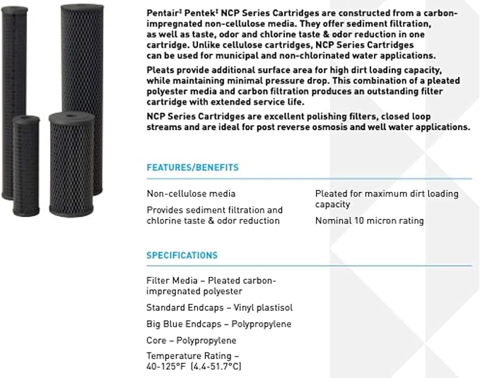 Pentair Pentek NCP-20 Carbon Water Filter, 20-Inch, Whole House Non-Cellulose Carbon Impregnated Pleated Filter Cartridge, 20" x 2.5", 10 Micron