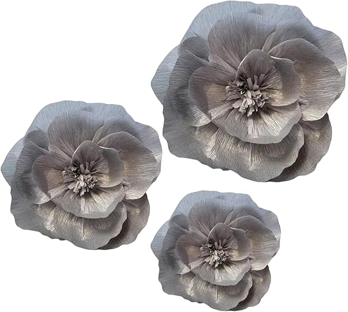 BRT Bearingshui Crepe Paper Flowers Decoration for Wall Total 9 Pcs, Artificial Flowers Backdrop for Wedding Decor Baby Bridal Shower Birthday Party, Silver 3D Wall Flowers Decor