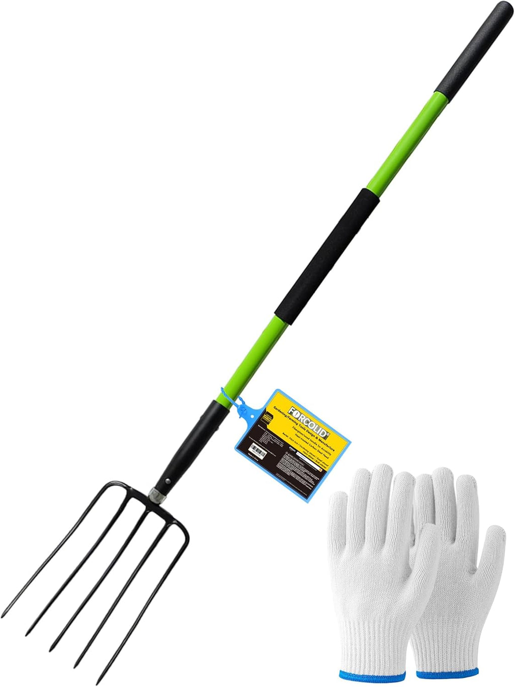 Pitch Fork-57 Inch，5-Tine Steel Garden Fork Heavy Duty, Mulch with Cushion Grip, Green Fiberglass Handle