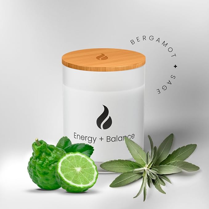 Natur IX Cleansing Scented Candles for Home | Sage & Palo Santo | Natural Non Toxic Soy Candles with Essential Oils | 50 H Long Burning | (Energy + Balance | Bergamot & Sage)