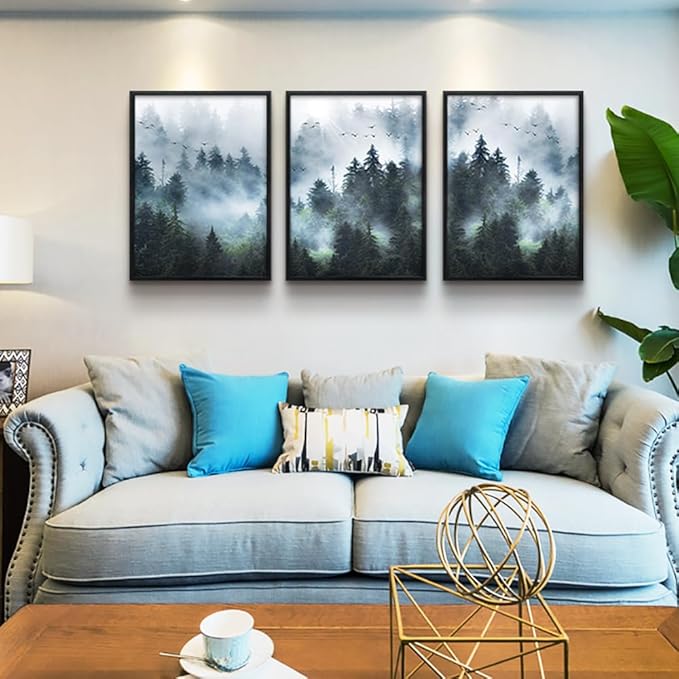 Large size Black Framed Wall Art For Living Room Wall Decorations For Bedroom Office Wall Decor Foggy Forest Paintings Trees Landscape Wall Pictures Prints Artwork Home Decor of 3 Piece Framed Art