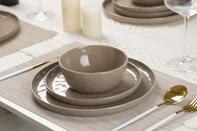 Famiware Mars Plates and Bowls Set, 24 Pieces Dinnerware Sets, Dishes Set for 8, Cinnamon Brown