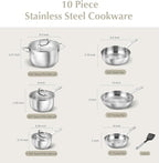 KOCH SYSTEME CS Stainless Steel Pots and Pans Set, 10 Piece Stainless Steel Cookware Set for Professional Cooking, Kitchen Cookware Sets, Induction Compatible Cookware Set 10 Pcs, Pots and Pans