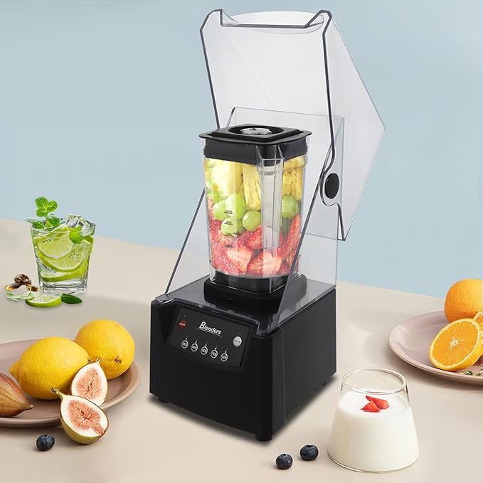 1.8L Professional Commercial Blender with Soundproof Cover, 2600W Industries Strong and Quiet Professional-Grade Power, with Custom Time and Removable Blades, Black