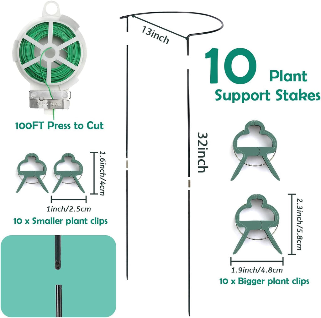32 inch Plant Support Stakes, 10 Pack Half Round Metal Garden Plant Stake Heavy-Duty Plant Support Ring and Cage with Plant Clip & Twist Tie for Indoor and Outdoor Plants, Vegetable, Flowers