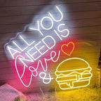 All You Need Is Love & Burger Custom Hamburger Fast Food LED Neon Sign Night Light Home Wall Decor Coffee Shop Bar Restaurant Welcome Sign Size:20x17inches