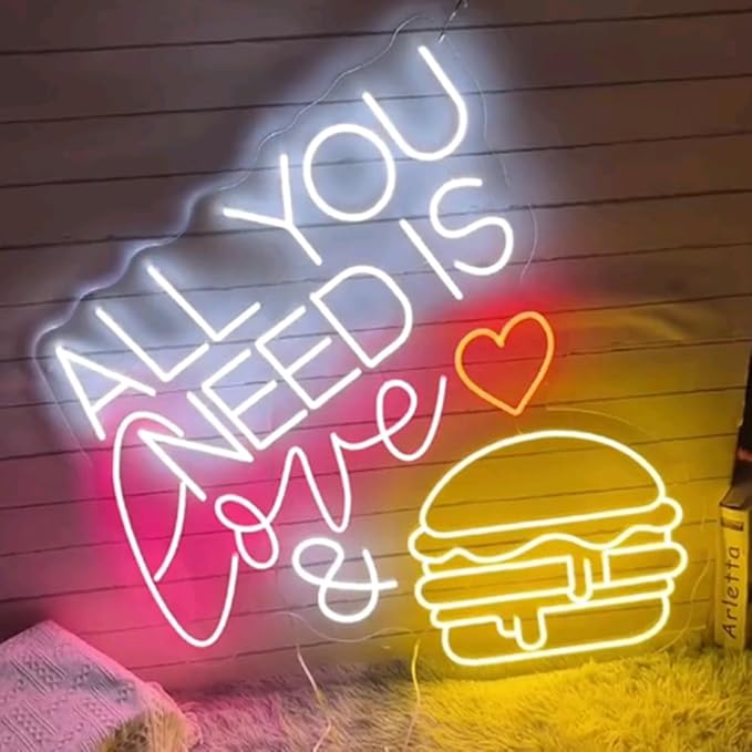 All You Need Is Love & Burger Custom Hamburger Fast Food LED Neon Sign Night Light Home Wall Decor Coffee Shop Bar Restaurant Welcome Sign Size:20x17inches