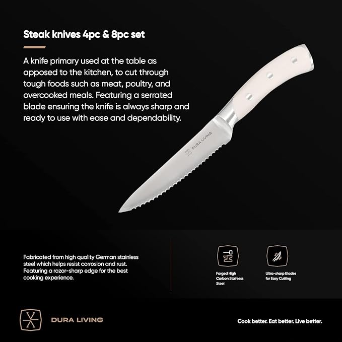 8-Piece Serrated Kitchen Steak Knife Set – Forged High Carbon Stainless Steel, Ultra Sharp, Ergonomic Black Handles, Durable Dinner Knives, Cream Handle