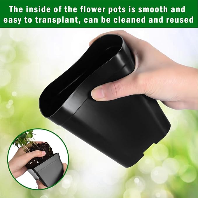 June Fox Small Seedling Pots 4 Inch, 100 Pcs Square Plant Pots Bulk, Plastic Nursery Pots with Drain Holes for Seedlings, Succulents, Cuttings (Black)