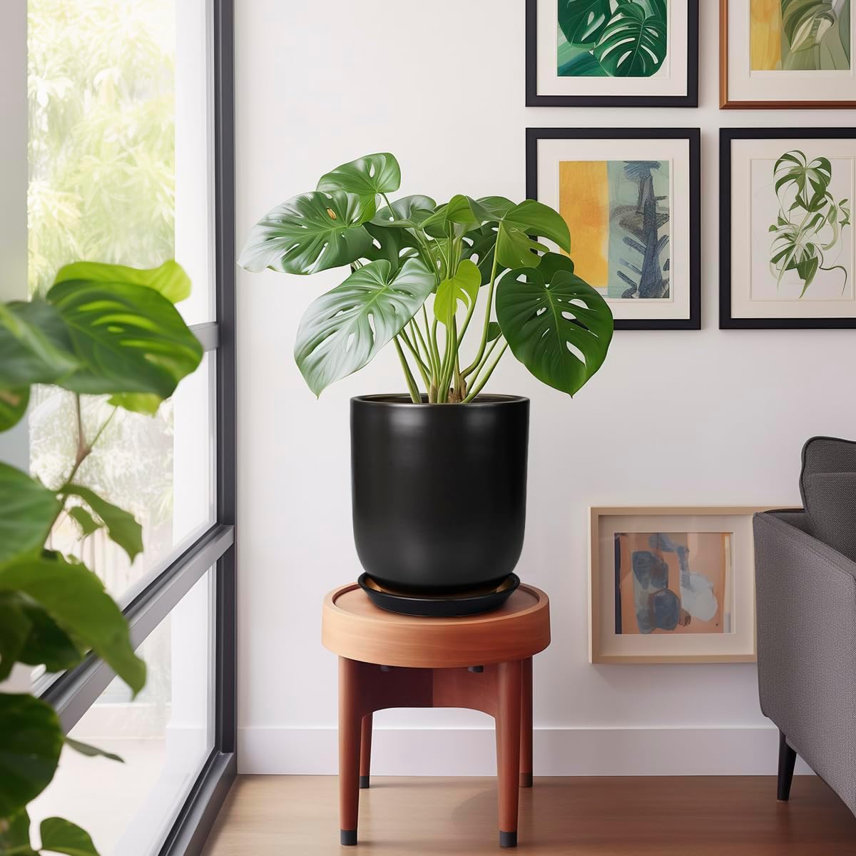 Ceramic Planter 10 Inch - Ceramic Pot for Indoor Plants Outdoor Plant Pot with Drainage Hole and Saucer Cylinder Flower Pot Black