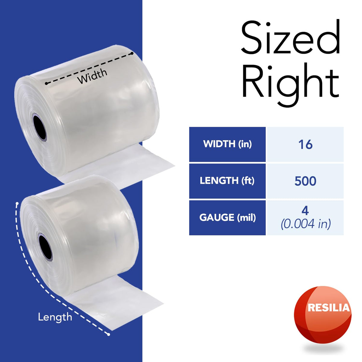 RESILIA Lay Flat Poly Tubing - Food-Grade Polyethylene, Custom Poly Bag Packaging Solution, 16 Inches x 500 Feet, 4 Mil, 0.004 Inch, Thickness, 1 Roll, Made in the USA