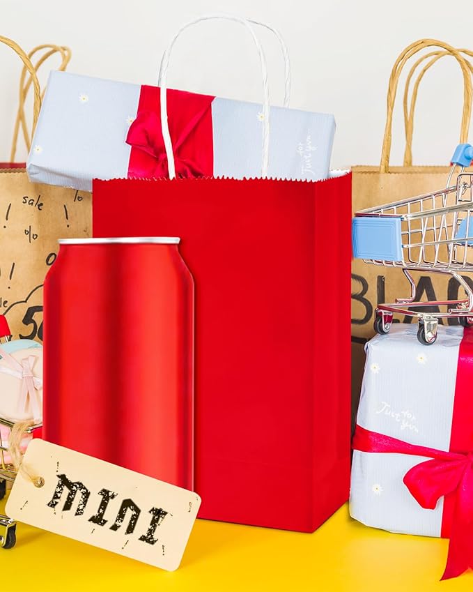 qiqee 50-Packs Red Paper Gift Bags with Handles Bulk 4.5"x2.5"x6" Mini Size Party Favor Bags Multiple Uses