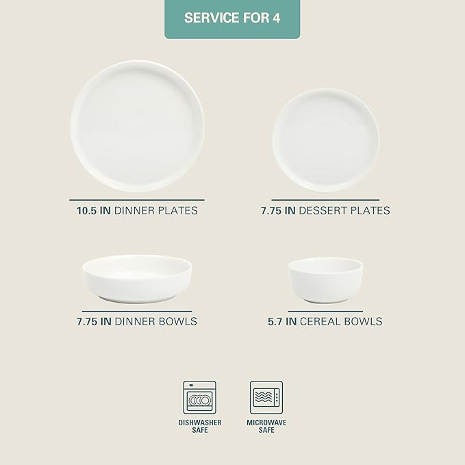 Gibson Home Oslo Porcelain Chip and Scratch Resistant Dinnerware Set, Service for 4 (16pcs), Plates and Bowls Dishes Sets, White