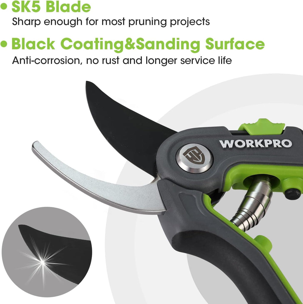WORKPRO Bypass Pruning Shears, 8’’ Stainless Steel Gardening Hand Pruner, Professional Garden Trimming Scissors with Sharp SK5 Steel Blades, Ideal Garden Tool,Green