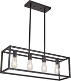 Farmhouse Rectangle Chandeliers for Dining Rooms, Modern Linear Hanging Light Fixture Matte Black 4-Light Industrial Pendant Lighting for Kitchen Island