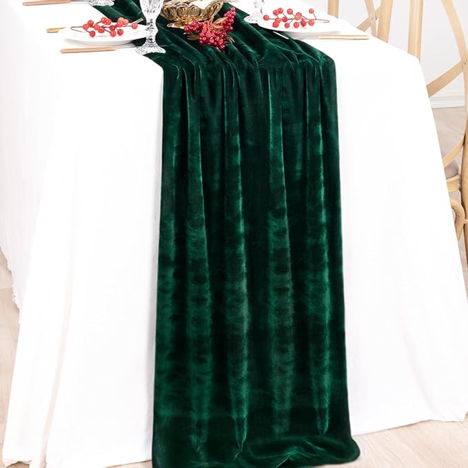 MLMC 2 Pack Emerald Green Velvet Table Runner 10ft Luxury Dark Green Velvet Fall Table Runner 20x120 Inches Glossy Wedding Table Runner for Bridal Shower Birthday Party Gathering Decor