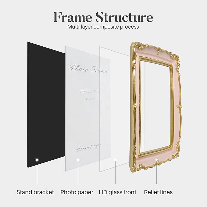 Cuspin 4x6 Vintage Picture Frame Pink and Gold Photo Frame, 4 by 6 Picture Frames Ornate Textured Hand-Crafted Resin with Glass Front for Tabletop Display, Retro Design Home Decor