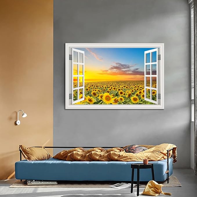 Sunflower Wall Art Decor for Living Room Window Style Sunset Canvas Picture for Bedroom Realism Yellow Flowers Filed Artwork for Bathroom Nature Landscape Prints Paintings for Kitchen Home Office