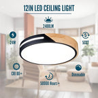 Black and Wood Flush Mount Ceiling Light Fixture Set of 2, Dimmable LED Ceiling Light Black, Modern Light Fixture Ceiling Mount for Bedroom, Living Room, Kitchen, Bathroom, Hallway