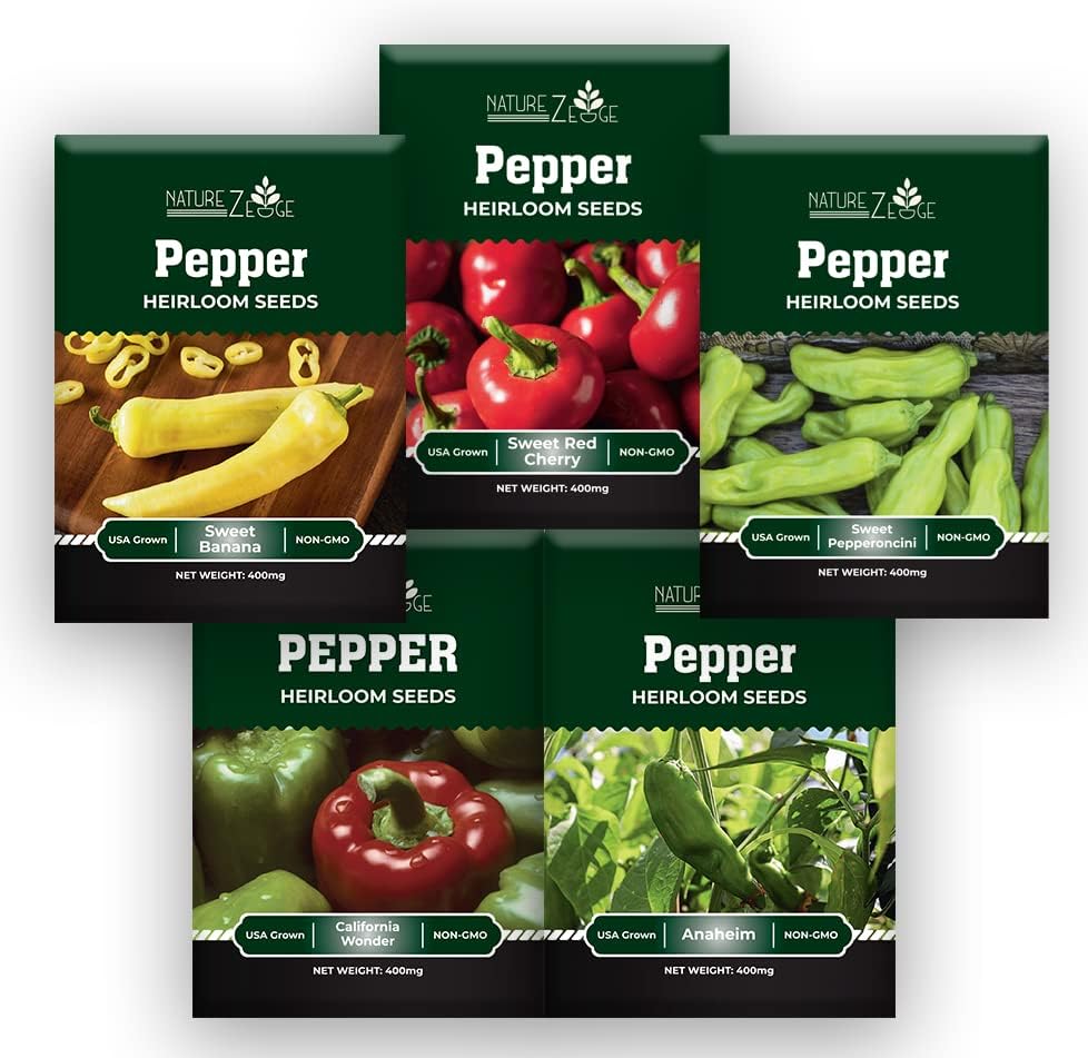Sweet Pepper Seeds for Planting, Sweet Banana Pepper Seeds, Pepperoncini, Sweet Cherry Pepper Seeds, California Wonder Bell Pepper, and Anaheim, Heirloom Pepper Seed Assortment, Non-GMO