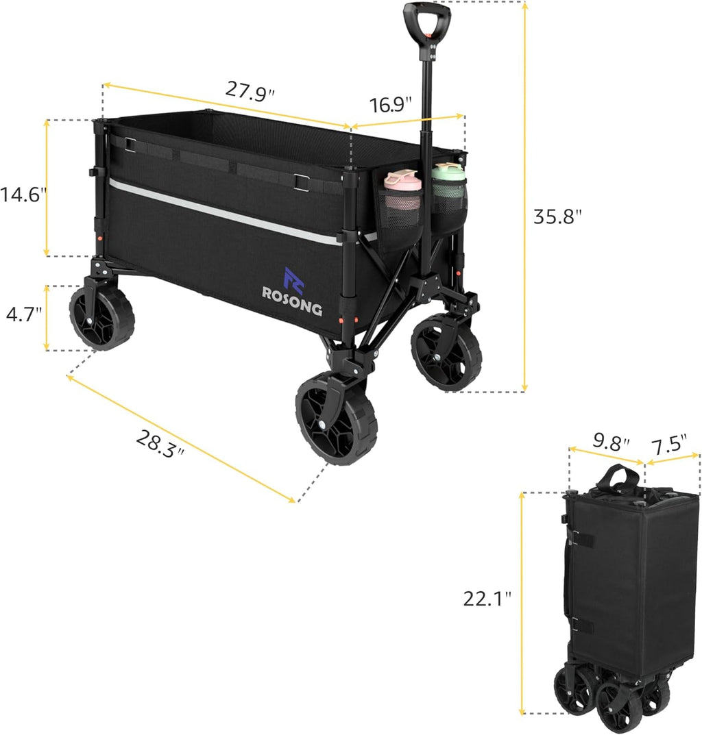 Collapsible Wagon Cart with Wheels Foldable - Folding Utility Heavy Duty Wagons Carts for Grocery Sports Garden Shopping Camping Wheelbarrows (Black, 120L)
