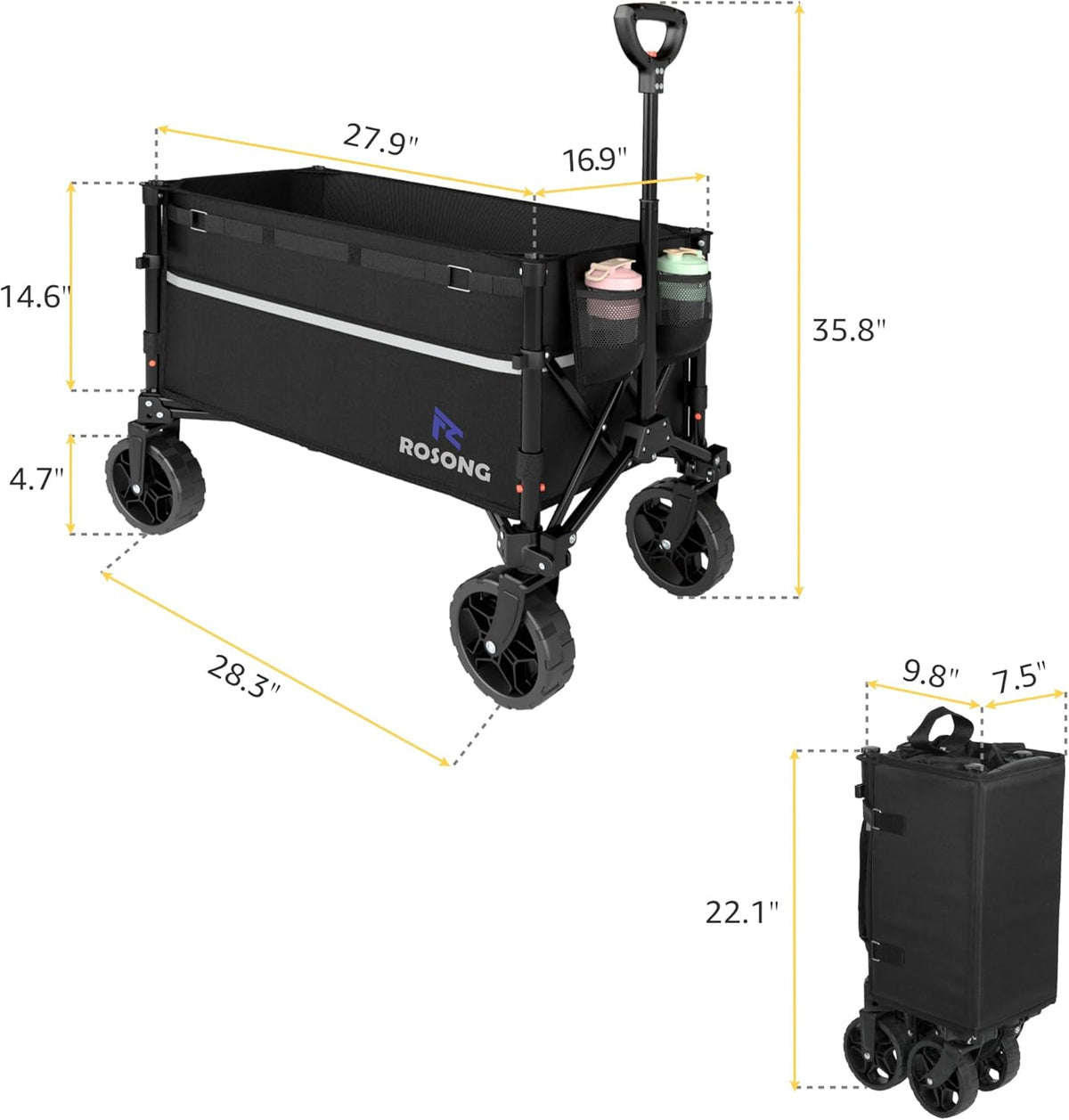 Collapsible Wagon Cart with Wheels Foldable - Folding Utility Heavy Duty Wagons Carts for Grocery Sports Garden Shopping Camping Wheelbarrows (Black, 120L)