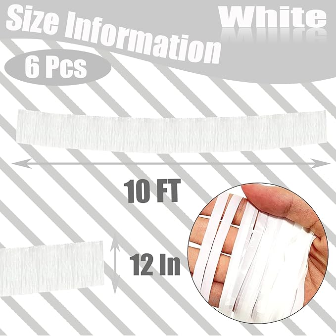 6 Pack 10 Feet White Foil Fringe Garland Metallic Tinsel Streamers Banner Wall Hanging Curtain Backdrop Banner for Parade Floats, Thanksgiving, Christmas, Birthday, Halloween Party Decorations