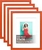 KINLINK 11x14 Picture Frame Orange, Solid Wood Frames with Acrylic Plexiglass for Pictures 5x7/8x10 with Mat or 11x14 without Mat, Tabletop and Wall Mounting Display, Set of 4