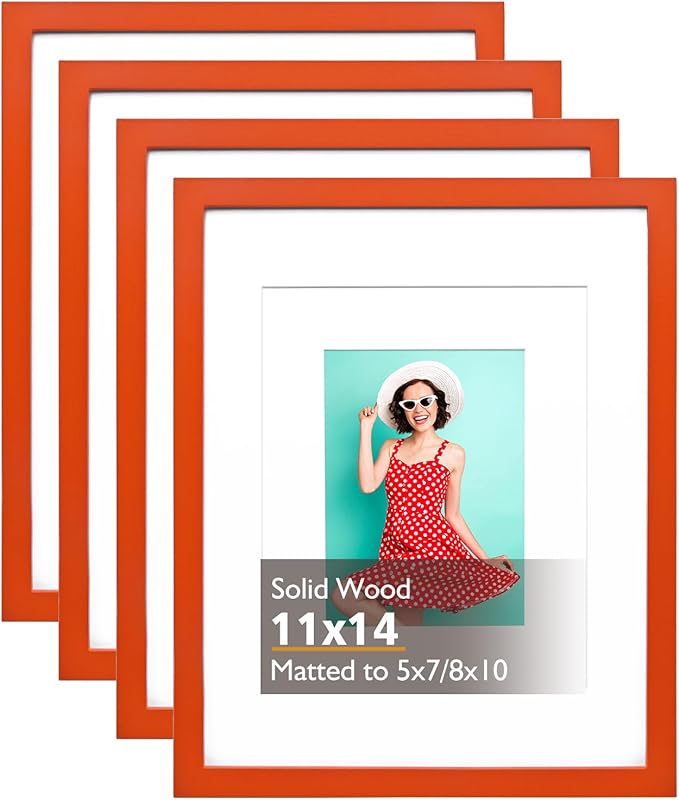 KINLINK 11x14 Picture Frame Orange, Solid Wood Frames with Acrylic Plexiglass for Pictures 5x7/8x10 with Mat or 11x14 without Mat, Tabletop and Wall Mounting Display, Set of 4