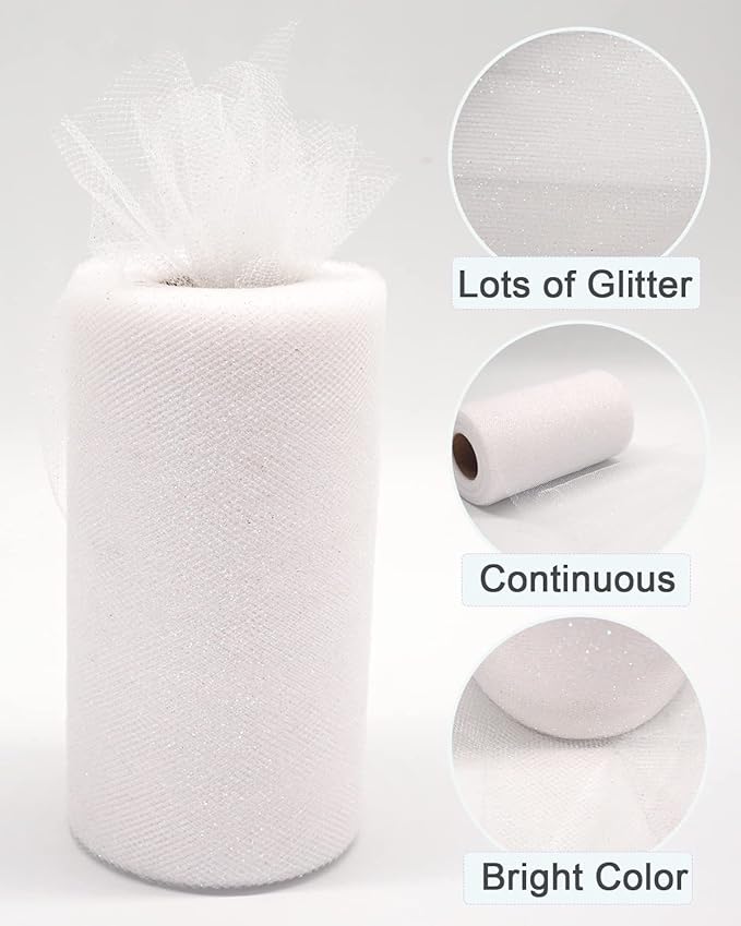 Glitter Tulle Fabric Rolls, 6 Inch 50 Yards (150ft) Sparkling Spool Ribbon Sequin Netting for Tutu Skirt Gift Wrapping Wedding Party Decoration (White)