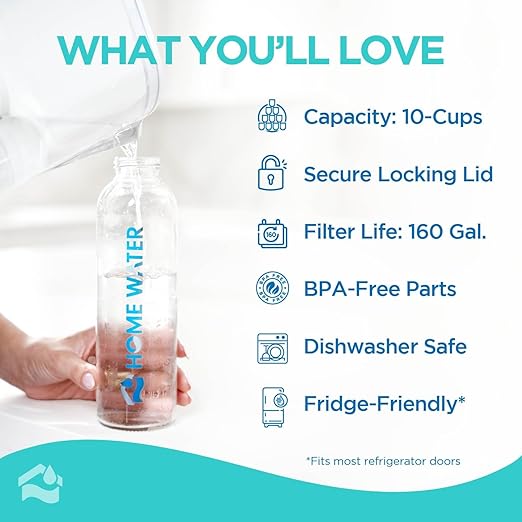 HOMEWATER 10-Cup Pitcher Filter (White) – BPA-Free, High-Capacity 2.4L Pitcher with Fast-Flow Carbon Filter, Wide Mouth for Easy Pouring, Removable Filter Replacement, Locking Lid, and Dishwasher-Safe