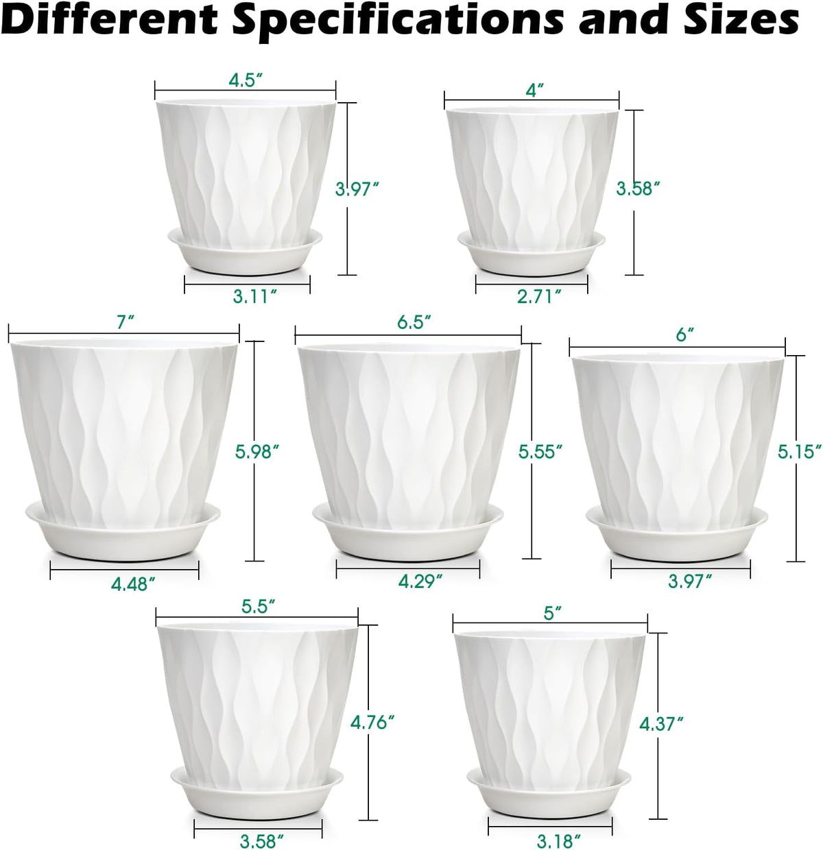 GARDIFE 7/6.5/6/5.5/5/4.5/4 inch Plant Pots, 7 Pack Flower Pots Indoor Outdoor, Planters with Drainage Holes and Tray Saucers (White)
