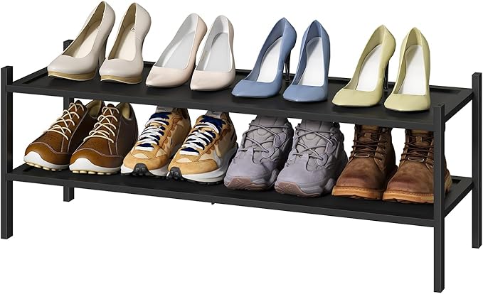 Black 2-Tier Long Stackable Bamboo Wood Shoe Rack for Closet, Entryway & Hallway