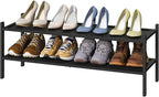 Black 2-Tier Long Stackable Bamboo Wood Shoe Rack for Closet, Entryway & Hallway