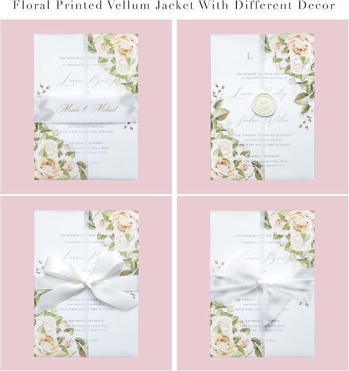 PONATIA 50PCS Vellum Jackets for 5x7 Invitation Cards- 135GSM Champagne Flowers Vellum Sleeves, VVellum Sleeves, 5x7 Clear Jackets - Wedding Invitations Wraps - Transparent Card Jackets
