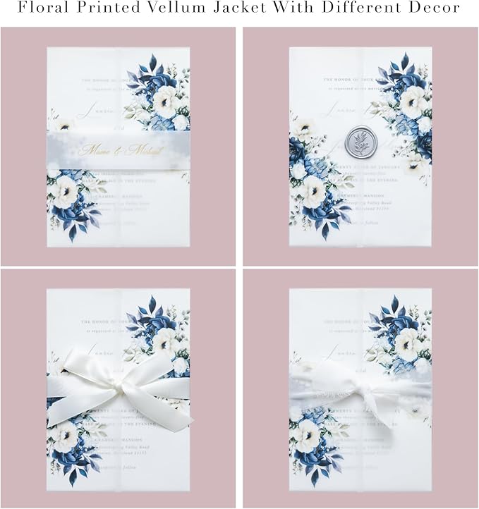 PONATIA 50PCS Vellum Jackets for 5x7 Invitation Cards- 135GSM Dusty Blue Flowers Vellum Sleeves, Wedding Invitations Wraps - Transparent Christmas Gift Cards Jackets