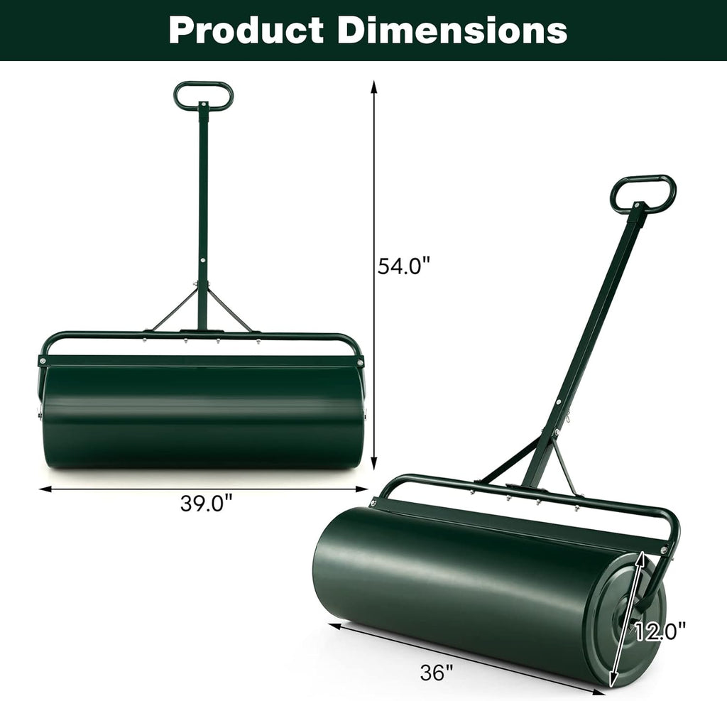 Goplus Push/Tow-Behind Lawn Roller, 17 Gallon/63L Water/Sand-Filled Sod Drum With Detachable Gripping Handle, 12 by 36-Inch, Green - for Garden, Yard, Farm