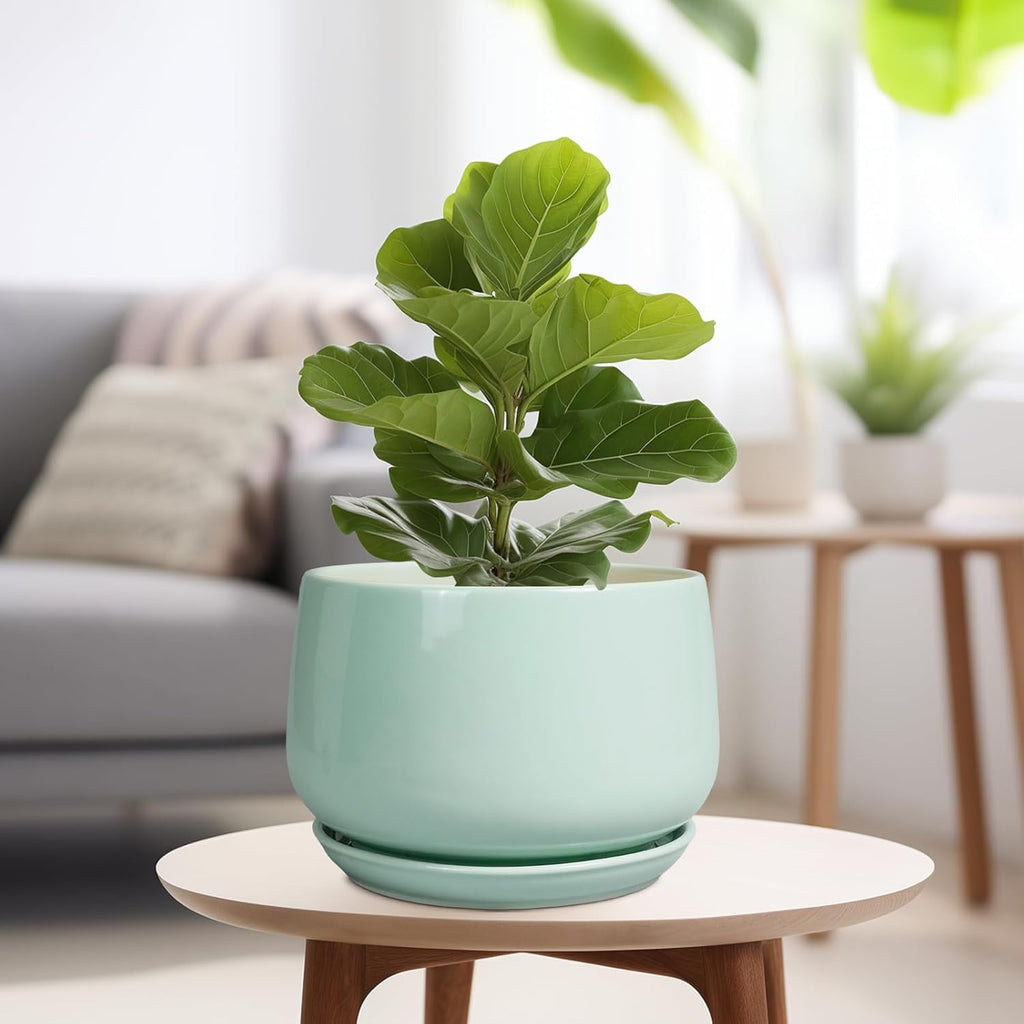 G EPGardening Ceramic Pots for Plants - 9 Inch Ceramic Planter with Drainage and Saucer, Round Planter for Indoor Outdoor Plants, Modern Flower Pots, Garden Decor, Birthday Gifts, Green