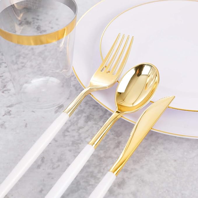 Supernal 350pcs Gold Plastic Dinnerware Set for 50 Guests,Fancy Disposable Plates for Party,Gold Plastic Silverware with White Handle,Disposable White Plates Wedding,Birthday