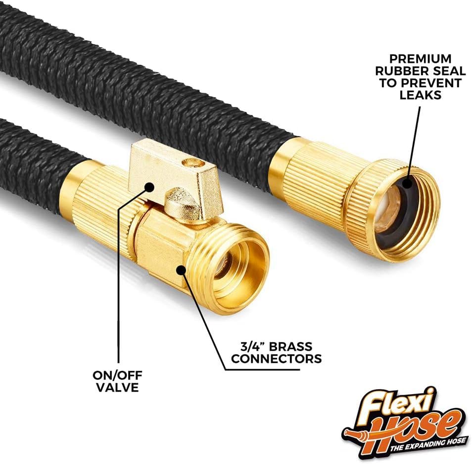 Flexi Hose Plus Expandable Garden Hose with 8 Function Nozzle, 25FT - Lightweight Retractable Garden Hose, Water Hose - No-Kink Flexibility, 3/4 Inch Solid Brass Fittings Includes Hook & Bag