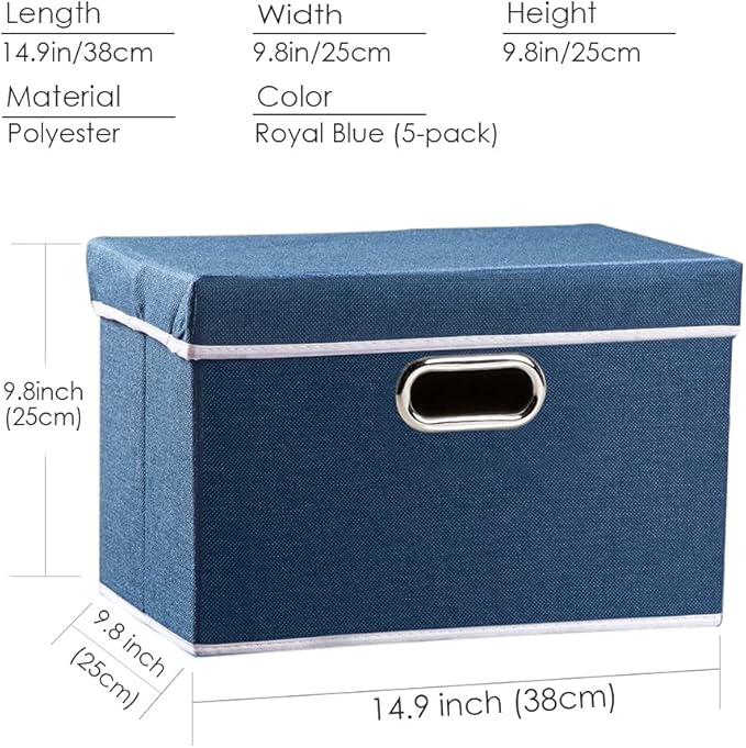 PRANDOM Foldable Storage Bin with Lid [5-Pack] Linen Fabric Decorative Storage Box Organizer Container Basket Cube with Handles Divider for Closet Office Living Room Royal Blue(14.9x9.8x9.8)
